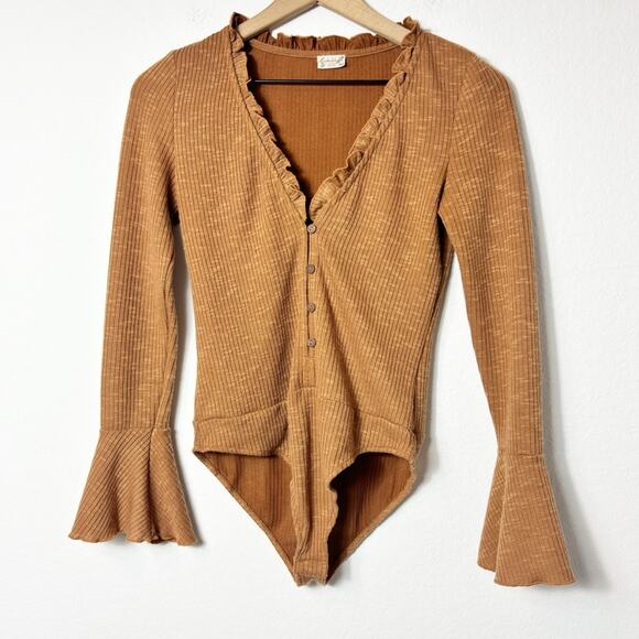 FREE PEOPLE JACKIE BODYSUIT WOMEN LONG SLEEVE SMALL BODYSUIT BROWN TOP FALL - Picture 1 of 5